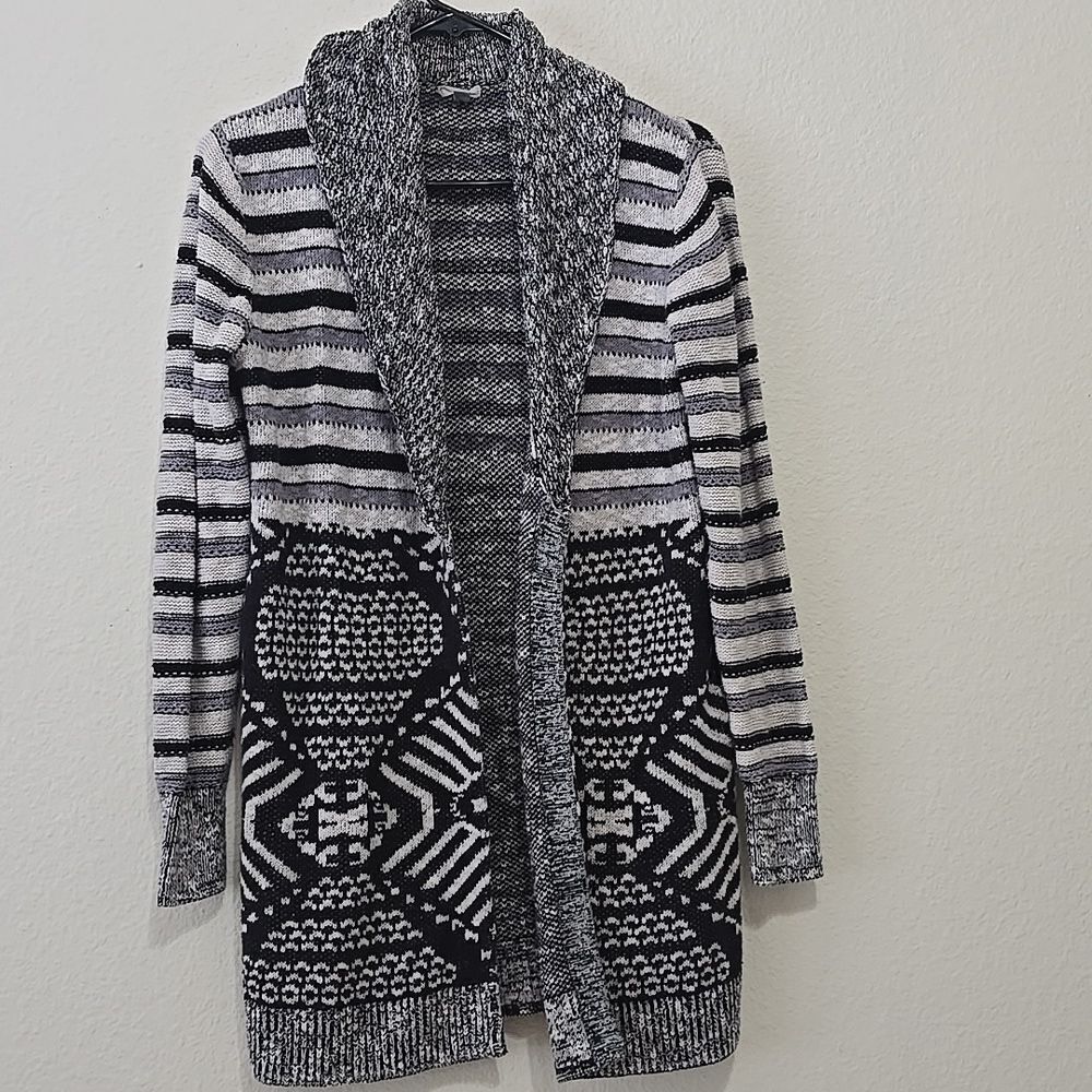 Ecote - SW Longline Open Front Cardigan | M | Gray, Black, & White Stripes